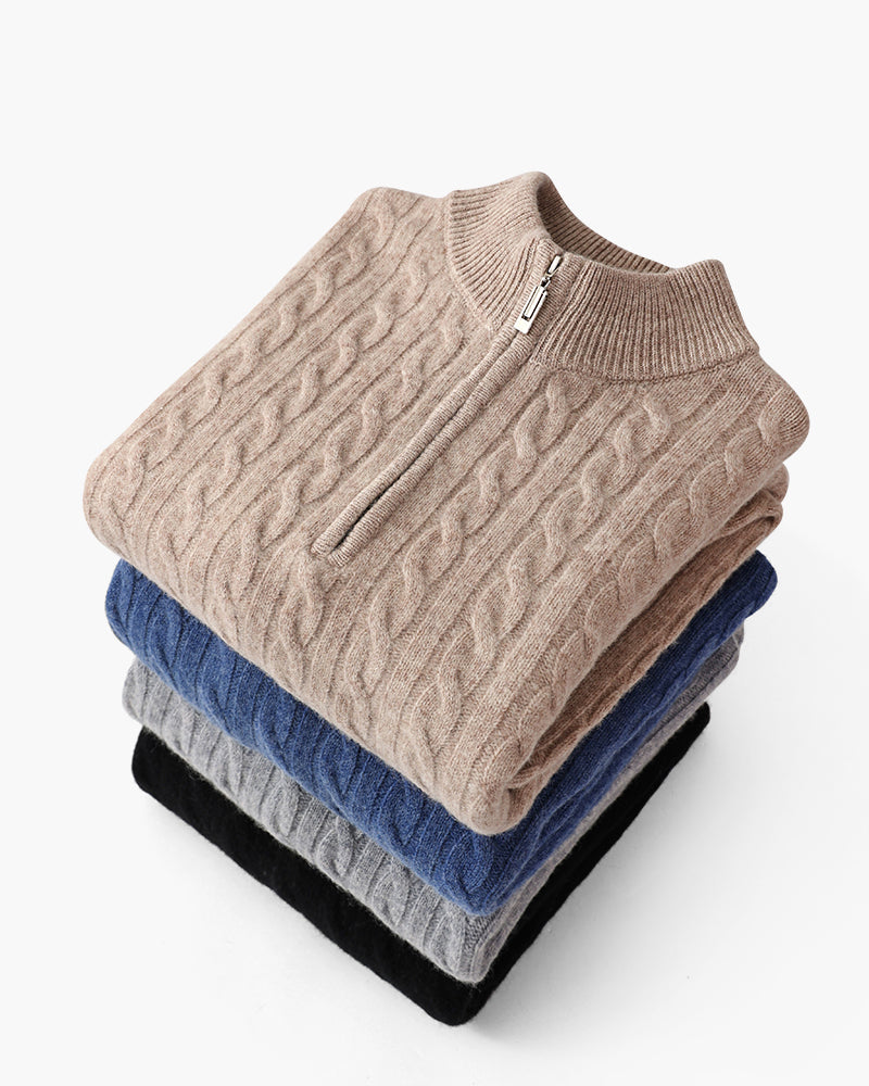 100% CASHMERE WOVEN HALF ZIP